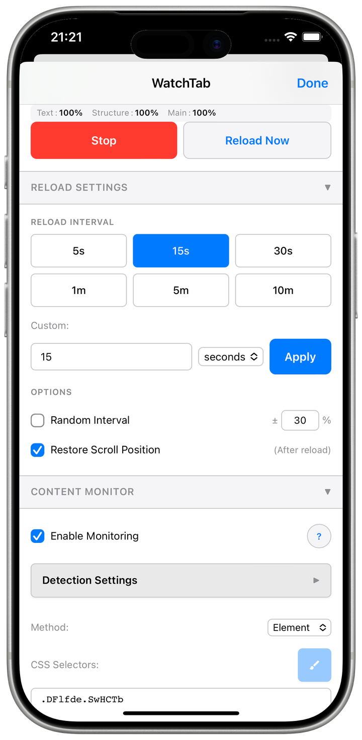 Screen showing reload interval presets, custom settings, and the randomized-interval option